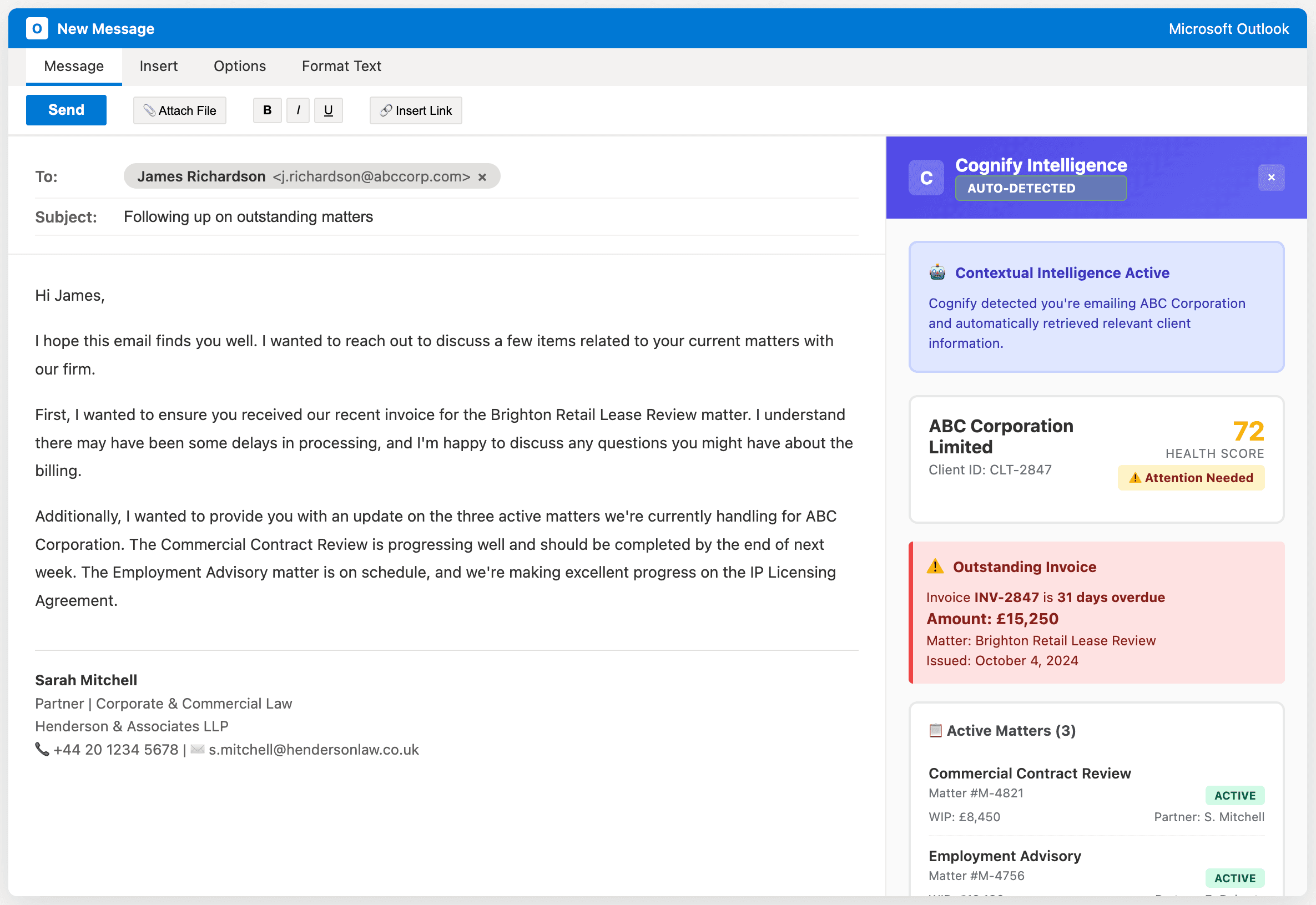 Screenshot: Outlook email composition with Cognify contextual sidebar. Email to "Client ABC" triggers sidebar showing outstanding invoices, matter status, relationship health. Demonstrates contextual intelligence.